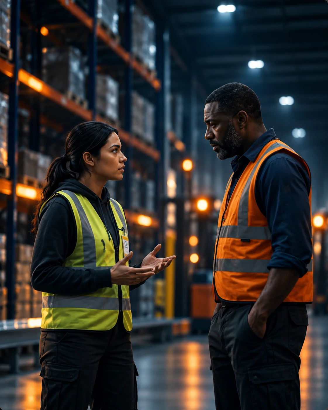 AI-generated illustration of Dana and Marcus talking in a warehouse aisle