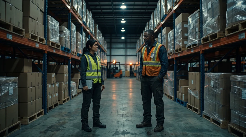 Night shift in a warehouse aisle lined with tall pallet racks. Dana, in a yellow safety vest and holding a tablet, faces Marcus, in an orange safety vest, a few feet away.